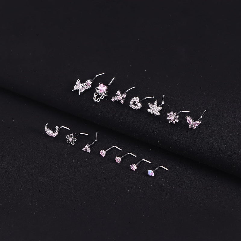 Drperfect Gold Silver Nose Rings Nose Studs for Women Nose Piercings 20G L Shaped Corkscrew Dangle Nose Rings Studs Simulated Diamond Pink CZ Opal Dangling Dangly Hanging Nose Piercing Jewelry with Heart Star Butterfly Flower Cross Moon Charm Cute Dainty Nose Jewelry - Image 2